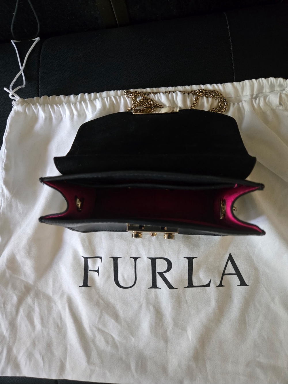 Furla Black Leather Crossbody with Leopard Fur Print Flap and Red Accents - Picture 3 of 8
